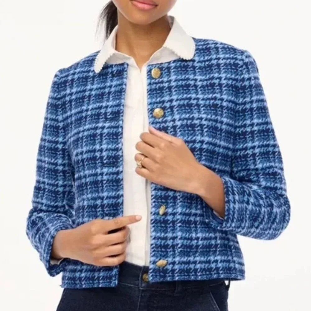 NWT J.Crew Womans 14 Baltic Blue Check Lady Jacket Crop Tweed Blazer Wool Blend